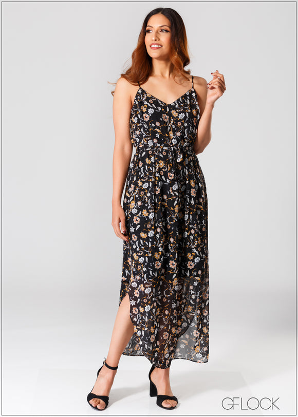 Printed Dress with Curved Hem And Waist Tie - 361