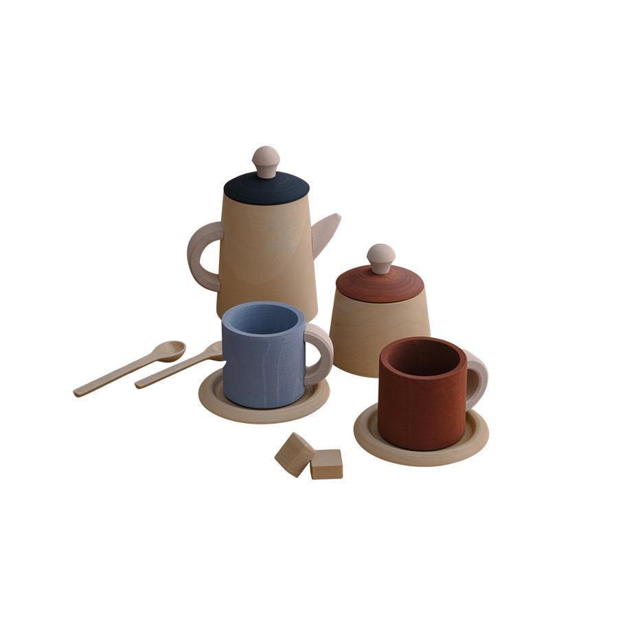 blue wooden tea set