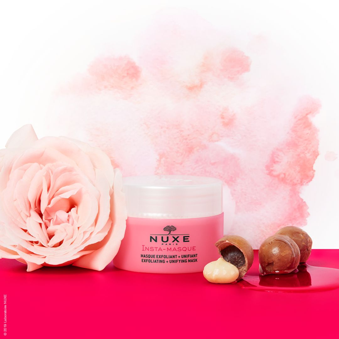 Nuxe Exfoliating and Unifying Mask, radiant skin, Macadamia Oil, rose, floral, violet, face, skin, 