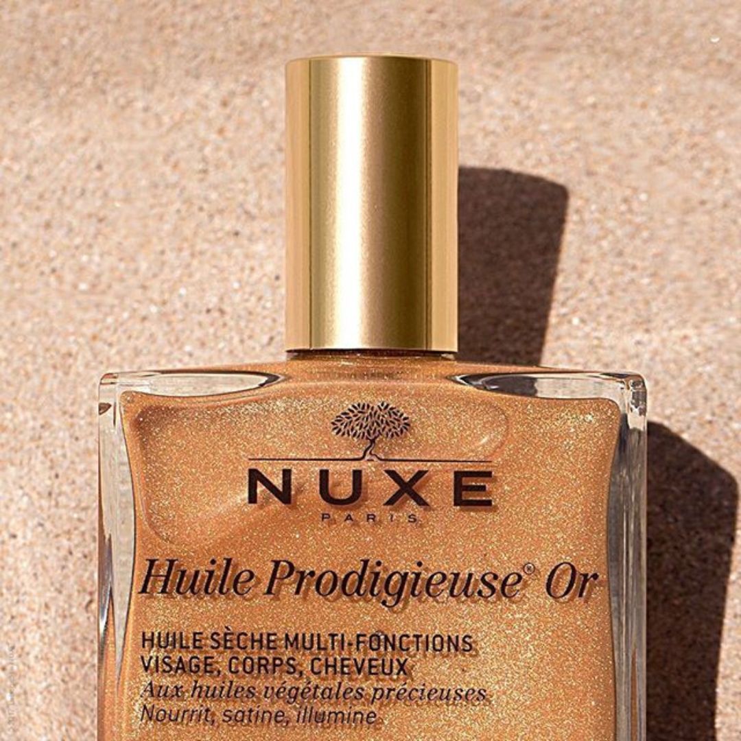 Nuxe, dry oil, skin, face, body, hair, multi task, gold, shimmer
