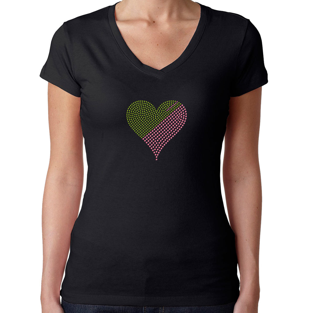 Womens T-Shirt Rhinestone Bling Black Tee Light Green Pink Heart Love