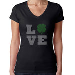 Womens T-Shirt Rhinestone Bling Black Fitted Tee LOVE Irish Shamrock St. Patrick