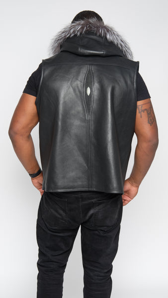 Black Lightweight Lambskin Stingray Vest With Silver Fox Hood Style #9 – Jakewood