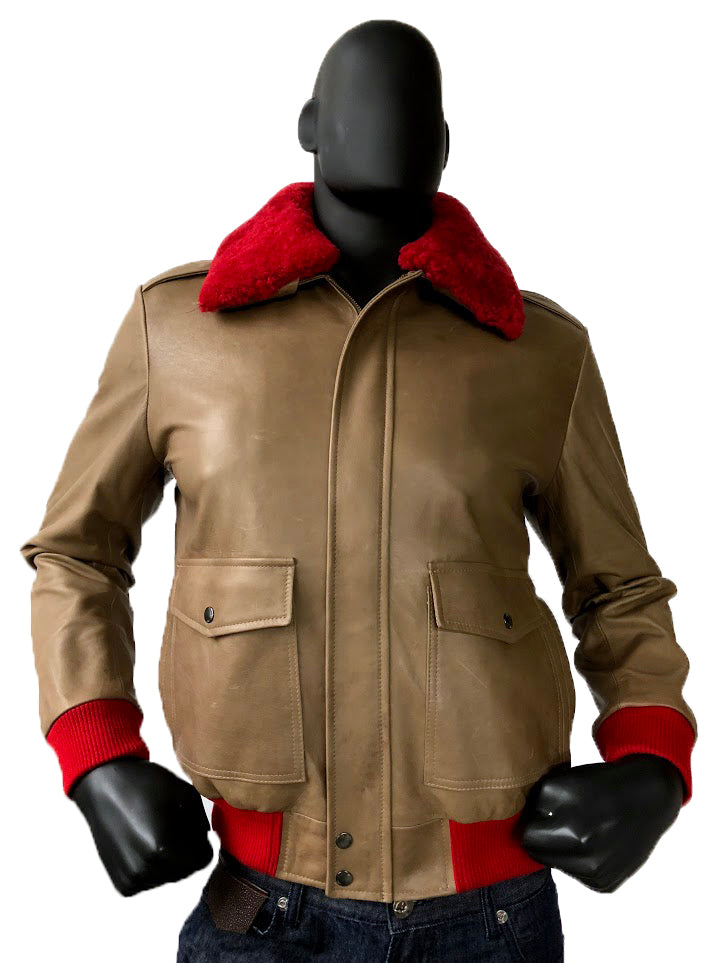 A-2 Lambskin Leather Bomber Jacket With Red Sheepskin Removable Collar ...