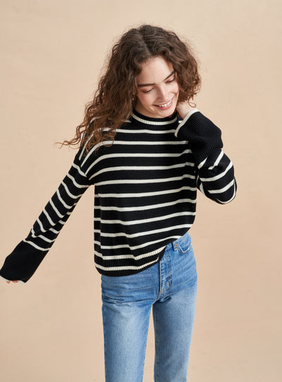 Can you ever have enough striped sweaters? We think not. Take our new striped, favorite classic in a lightweight, supremely soft silk/cashmere blend. Do you need it? We think yes. 