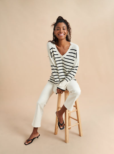 Can you ever have enough striped sweaters? We think not. Take our new striped, favorite classic in a lightweight, supremely soft silk/cashmere blend. Do you need it? We think yes. 