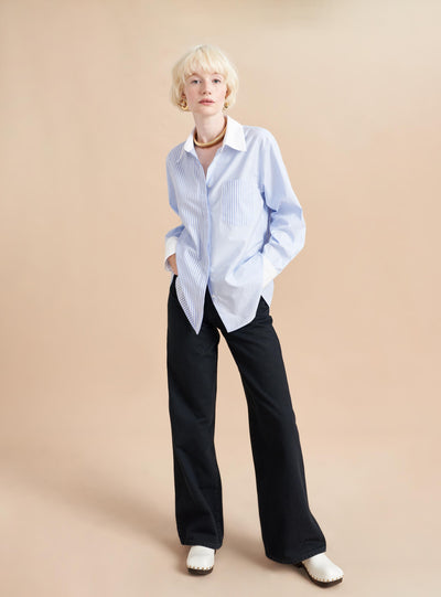 A staple for your closet, whether it lives in your weekday, workwear collection or thrives on the weekend unbuttoned, with rolled up cuffs, this shirt with contrast cuffs and collar is seasonless; equally great under a sweater or unbuttoned over a tank. For a cropped version, see our Cropped Gemma Shirt.