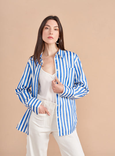 Who doesn't love a "borrowed from the boys moment"? The next one has arrived with our oversized Jackie button down shirt with exaggerated cuffs in a hand drawn stripe print. And no more fretting about what to wear it with as we have plenty of denim to go with it. 