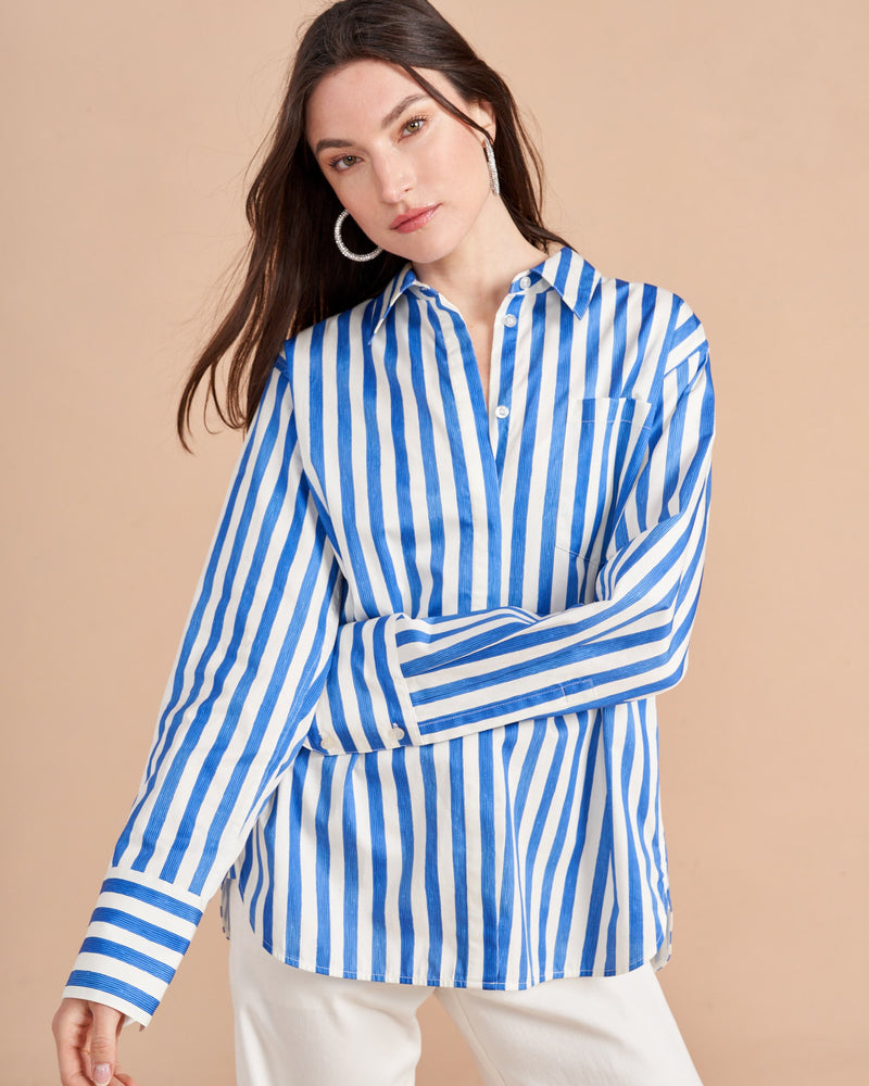 Who doesn't love a "borrowed from the boys moment"? The next one has arrived with our oversized Jackie button down shirt with exaggerated cuffs in a hand drawn stripe print. And no more fretting about what to wear it with as we have plenty of denim to go with it. 