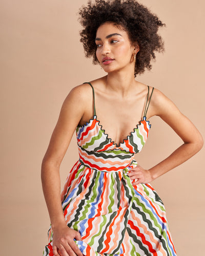 Named after La Bande muse and stylist, Jamie Mizrahi, this classic but modern silhouette in our favorite squiggle print, with a scallop, v-neckline is sweet with the right about of sass. Layer a bodysuit (or a swimsuit) under it or layer over with one of our stripey Marins for extra style punch, but you won't lose points for keeping it simple as in, simply perfect.