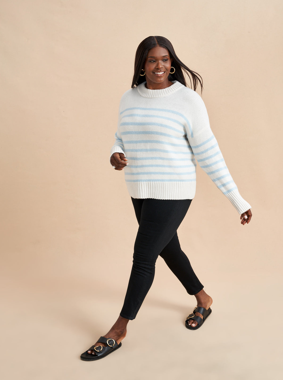 Get on board with our cream and pale blue striped, 7-ply wool-cashmere sweater. Comfort and style, not mutually exclusive.