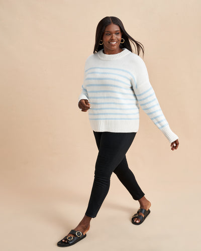 Get on board with our cream and pale blue striped, 7-ply wool-cashmere sweater. Comfort and style, not mutually exclusive.