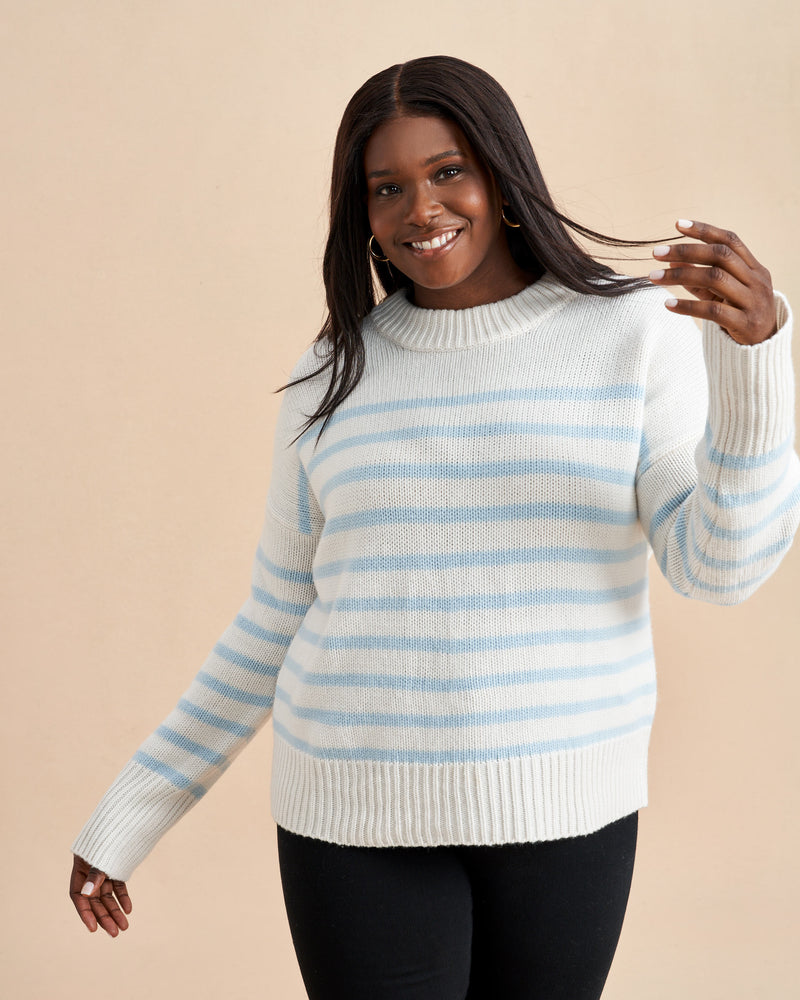 Get on board with our cream and pale blue striped, 7-ply wool-cashmere sweater. Comfort and style, not mutually exclusive.