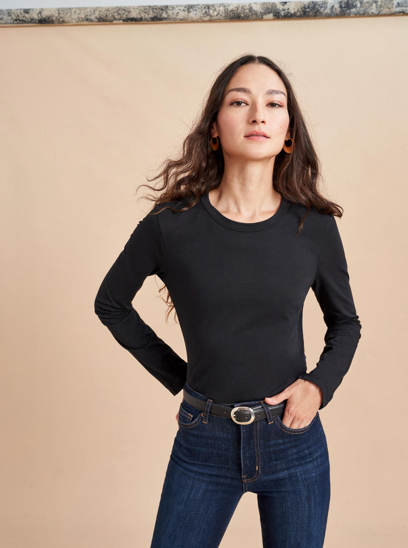 What makes the perfect tee? Why don't you ask our co-founders? Meredith's long sleeve version in super soft cotton is not too fitted, not too oversized-perfect for layering with a pop of color.