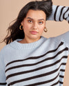 Get on board with our pale blue with chocolate stripe, 7-ply wool-cashmere sweater, shrunken and slightly cropped, but as always, comfort and style not mutually exclusive.