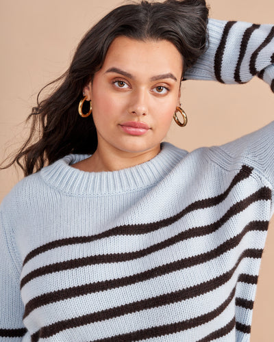 Get on board with our pale blue with chocolate stripe, 7-ply wool-cashmere sweater, shrunken and slightly cropped, but as always, comfort and style not mutually exclusive.