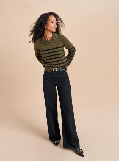 Get on board with our cream with our olive and black stripe, 7-ply wool-cashmere sweater, shrunken and slightly cropped, but as always, comfort and style not mutually exclusive.