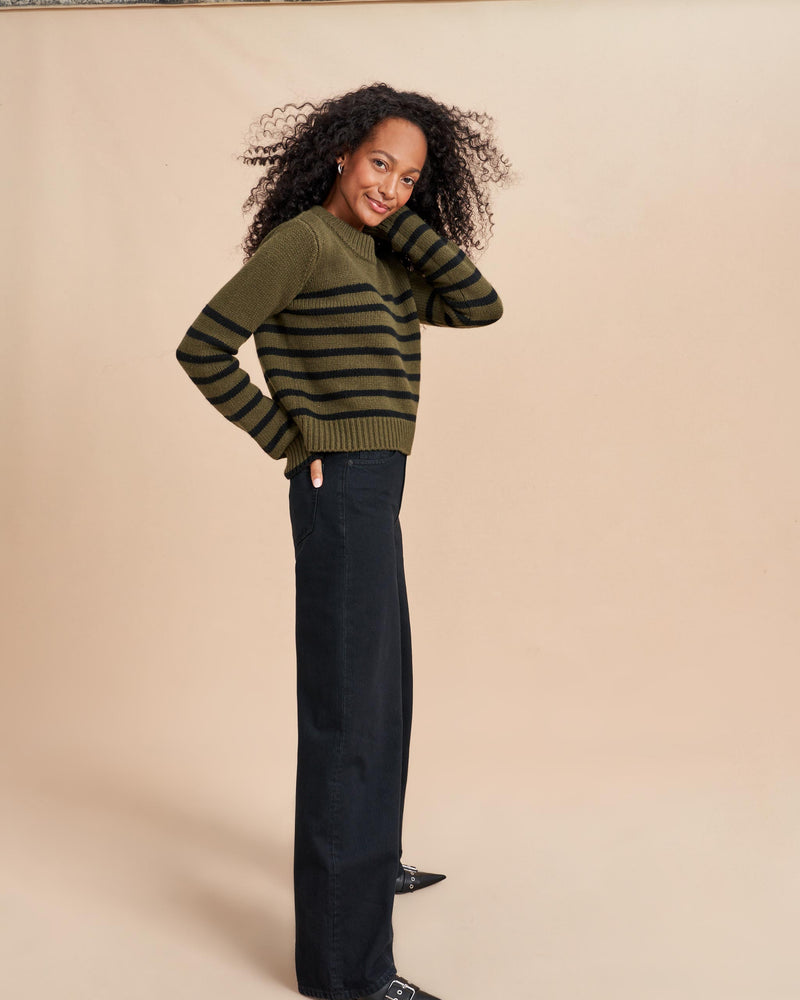 Get on board with our cream with our olive and black stripe, 7-ply wool-cashmere sweater, shrunken and slightly cropped, but as always, comfort and style not mutually exclusive.