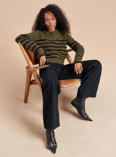 Get on board with our cream with our olive and black stripe, 7-ply wool-cashmere sweater, shrunken and slightly cropped, but as always, comfort and style not mutually exclusive.