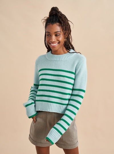 Get on board with our pale blue with green stripe, 7-ply wool-cashmere sweater, shrunken and slightly cropped, but as always, comfort and style not mutually exclusive.