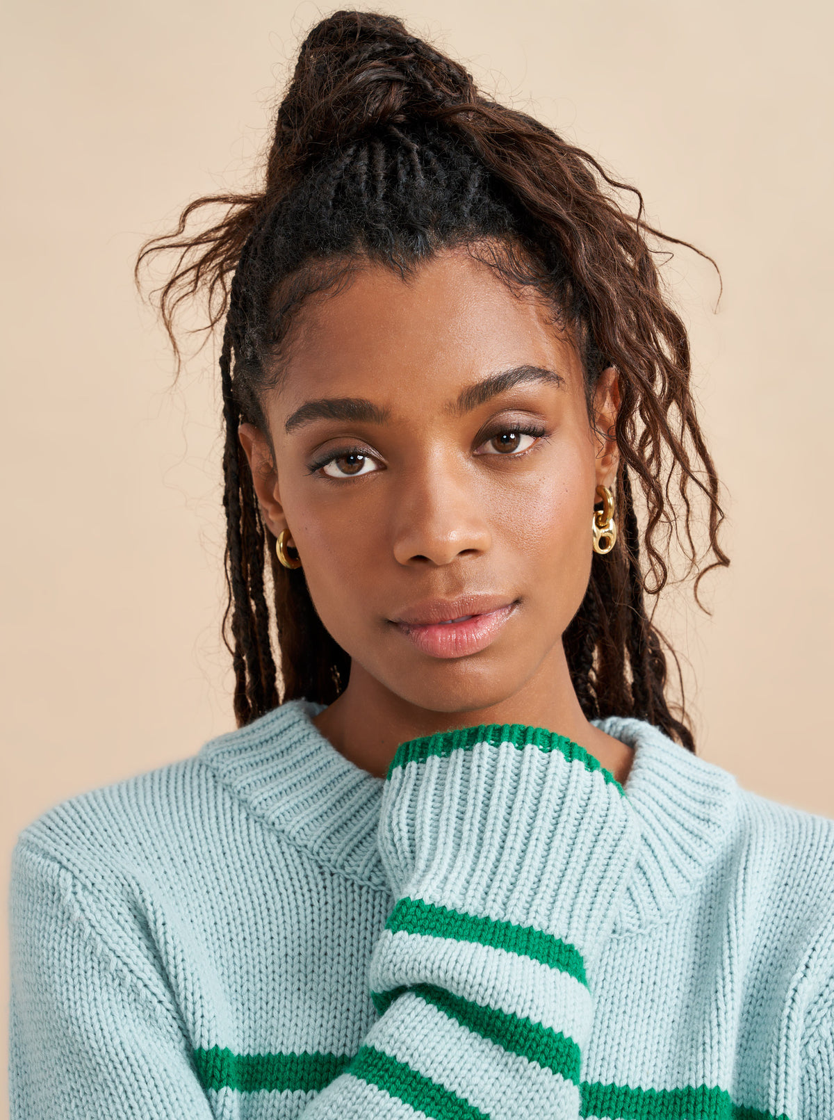 Get on board with our pale blue with green stripe, 7-ply wool-cashmere sweater, shrunken and slightly cropped, but as always, comfort and style not mutually exclusive.