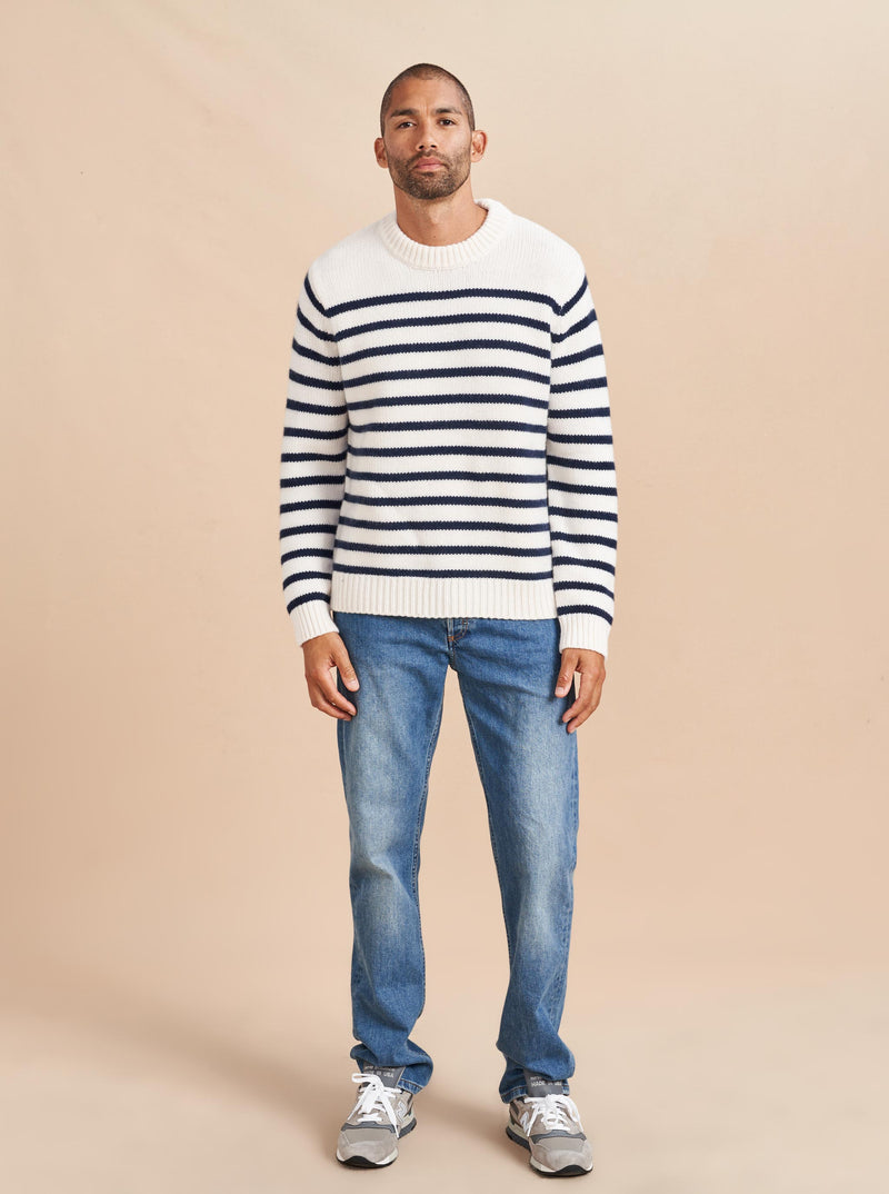 Our best-selling Marin Sweater just got a lot better. Get your loved one on board with our men's version in cream with navy stripes in our signature 7-ply wool-cashmere blend. Give him the gift that keeps on giving. 