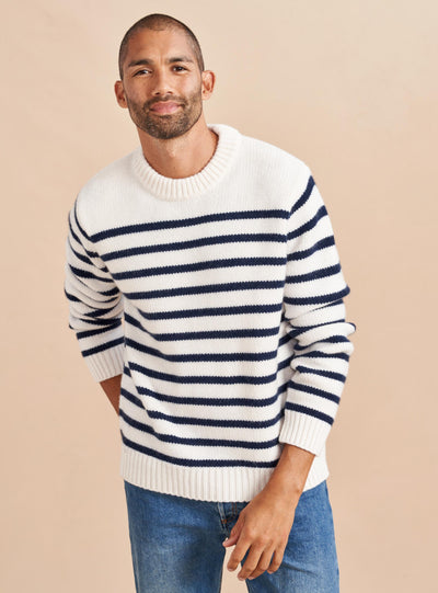 Our best-selling Marin Sweater just got a lot better. Get your loved one on board with our men's version in cream with navy stripes in our signature 7-ply wool-cashmere blend. Give him the gift that keeps on giving. 