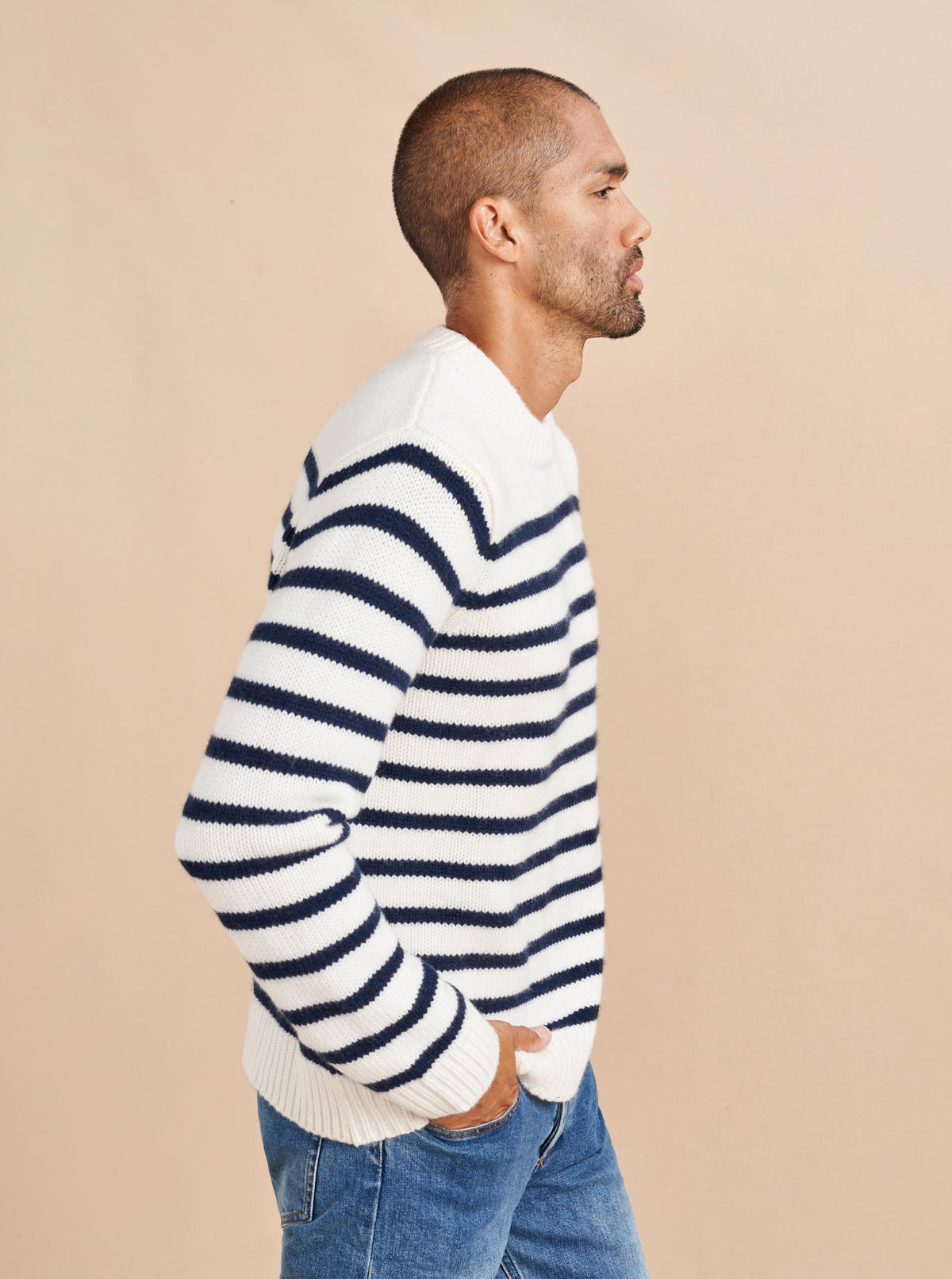 Our best-selling Marin Sweater just got a lot better. Get your loved one on board with our men's version in cream with navy stripes in our signature 7-ply wool-cashmere blend. Give him the gift that keeps on giving. 