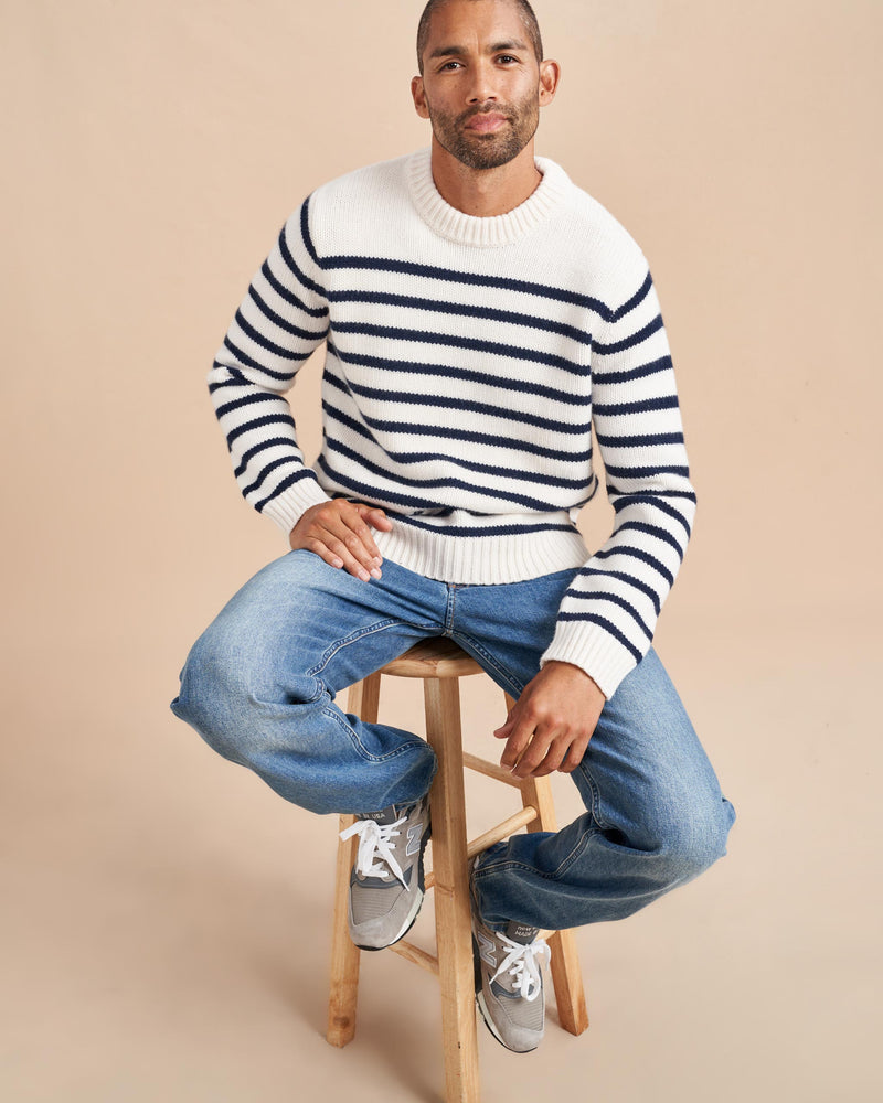 Our best-selling Marin Sweater just got a lot better. Get your loved one on board with our men's version in cream with navy stripes in our signature 7-ply wool-cashmere blend. Give him the gift that keeps on giving. 