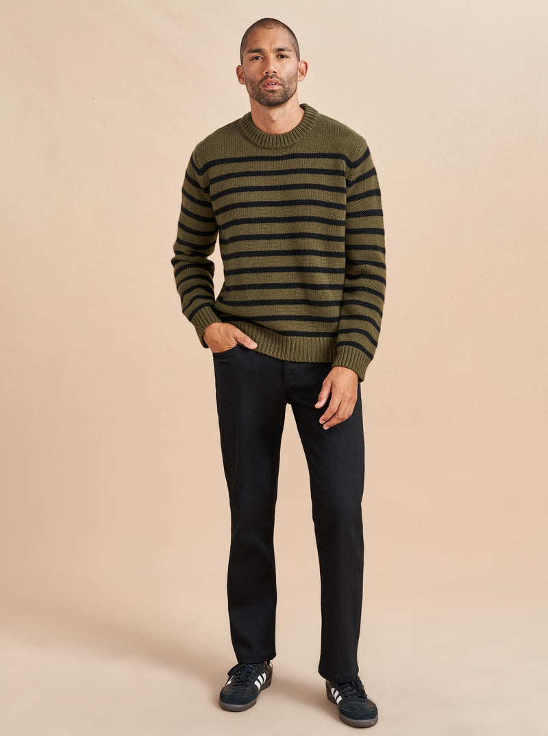 Our best-selling Marin Sweater just got a lot better. Get your loved one on board with our men's version in olive with black stripes in our signature 7-ply wool-cashmere blend. Give him the gift that keeps on giving. 