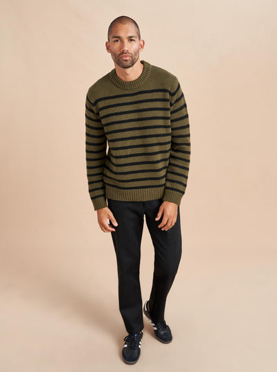 Our best-selling Marin Sweater just got a lot better. Get your loved one on board with our men's version in olive with black stripes in our signature 7-ply wool-cashmere blend. Give him the gift that keeps on giving. 