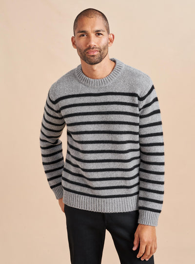 Our best-selling Marin Sweater just got a lot better. Get your loved one on board with our men's version in grey with black stripes in our signature 7-ply wool-cashmere blend. Give him the gift that keeps on giving. 