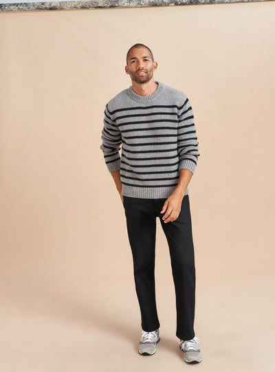 Our best-selling Marin Sweater just got a lot better. Get your loved one on board with our men's version in grey with black stripes in our signature 7-ply wool-cashmere blend. Give him the gift that keeps on giving. 