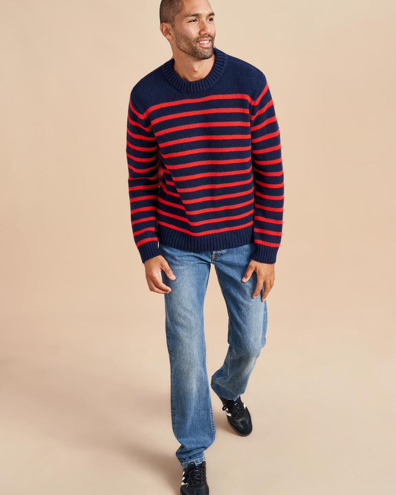 Our best-selling Marin Sweater just got a lot better. Get your loved one on board with our men's version in navy with red stripes in our signature 7-ply wool-cashmere blend. Give him the gift that keeps on giving. 