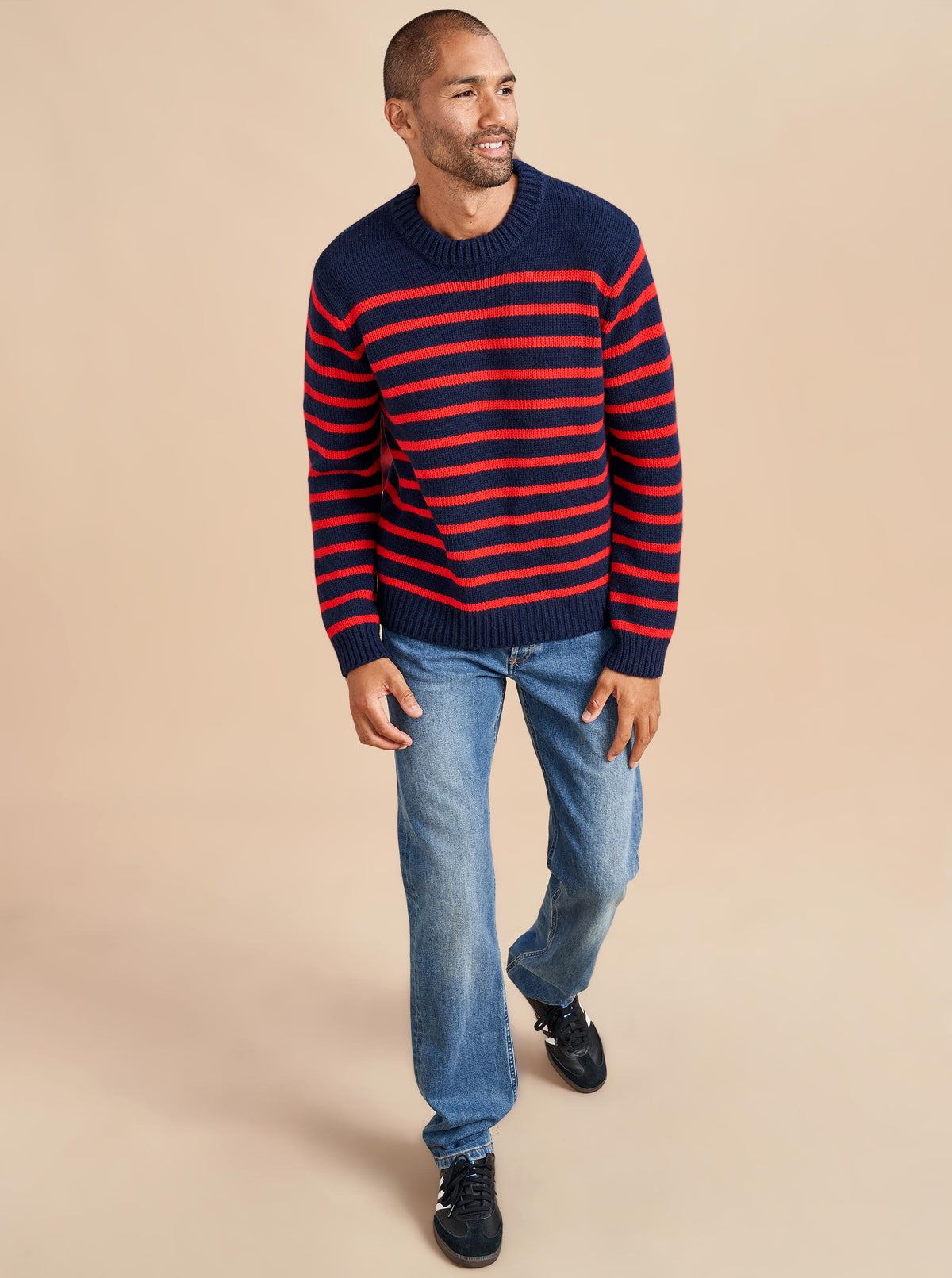 Our best-selling Marin Sweater just got a lot better. Get your loved one on board with our men's version in navy with red stripes in our signature 7-ply wool-cashmere blend. Give him the gift that keeps on giving. 