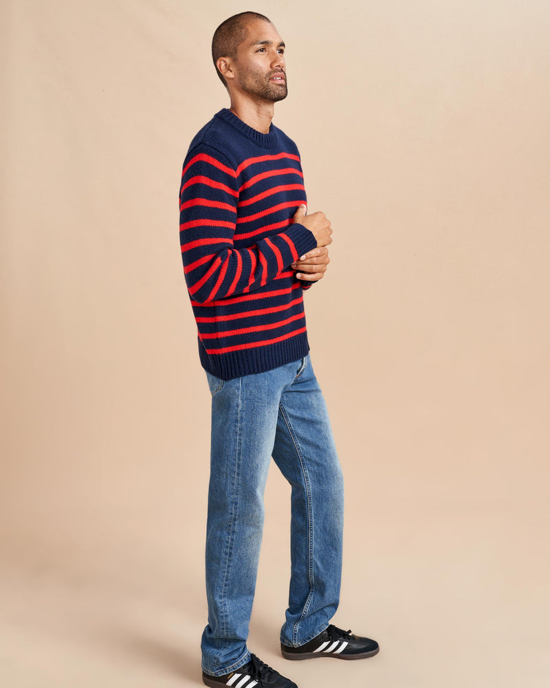 Our best-selling Marin Sweater just got a lot better. Get your loved one on board with our men's version in navy with red stripes in our signature 7-ply wool-cashmere blend. Give him the gift that keeps on giving. 