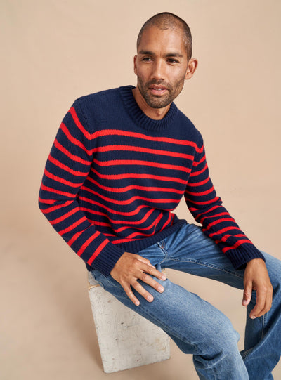 Our best-selling Marin Sweater just got a lot better. Get your loved one on board with our men's version in navy with red stripes in our signature 7-ply wool-cashmere blend. Give him the gift that keeps on giving. 