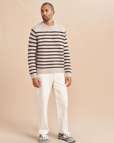 Our best-selling Marin Sweater just got a lot better. Get your loved one on board with our men's version in beige with brown stripes in our signature 7-ply wool-cashmere blend. Give him the gift that keeps on giving. 