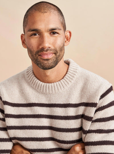 Our best-selling Marin Sweater just got a lot better. Get your loved one on board with our men's version in beige with brown stripes in our signature 7-ply wool-cashmere blend. Give him the gift that keeps on giving. 
