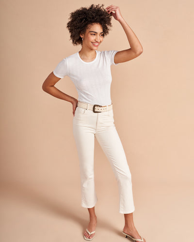 Our tee collection would not be complete without this tried and true French pointelle classic. Made from the softest viscose blend, this tee features scallop details at the neck and hem with pointelle lines throughout. C'est magnifique!