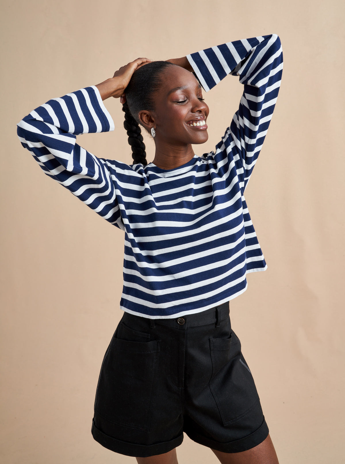 Our new take on the Breton tee, inspired by the one and only, Charlotte Gainsbourg. Cut from our signature lean lines delicious cotton, with a roomier fit, cropped body and classic drop shoulder.