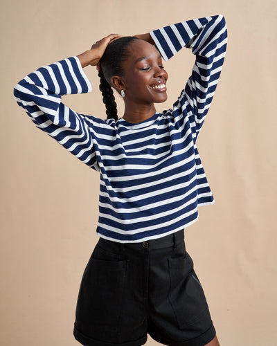 Our new take on the Breton tee, inspired by the one and only, Charlotte Gainsbourg. Cut from our signature lean lines delicious cotton, with a roomier fit, cropped body and classic drop shoulder.