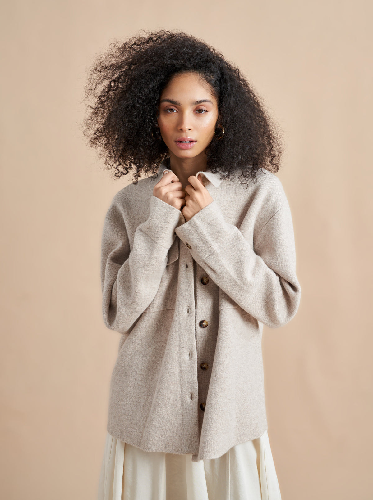The perfect oversize shirt but when spun in our signature wool/cashmere blend becomes your go-to outwear choice. Whether you wear it on its own or layered over a thinner sweater this knit jacket is where functionality meets luxury meets obsession.