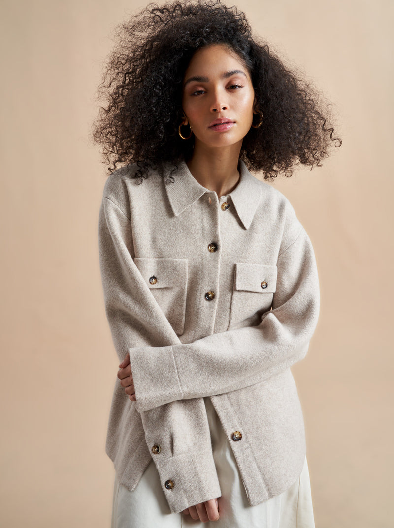 The perfect oversize shirt but when spun in our signature wool/cashmere blend becomes your go-to outwear choice. Whether you wear it on its own or layered over a thinner sweater this knit jacket is where functionality meets luxury meets obsession.