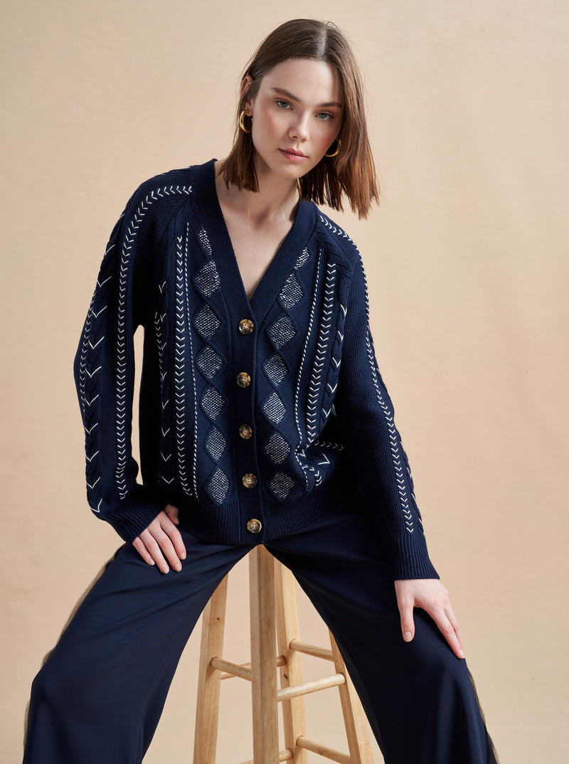 A heritage fisherman knit style cardigan with avant garde cable stitches in an oversized, lived-in, cozy fit that will make you wonder how you've lived without out it this whole time.