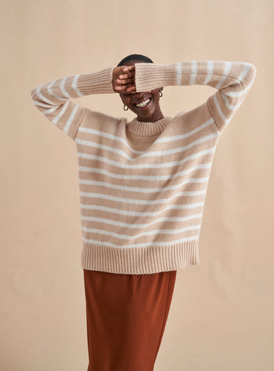 Get on board with our camel and cream blue stripe, 7-ply wool-cashmere sweater. Comfort and style, not mutually exclusive.