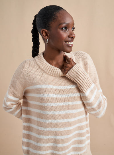 Get on board with our camel and cream blue stripe, 7-ply wool-cashmere sweater. Comfort and style, not mutually exclusive.