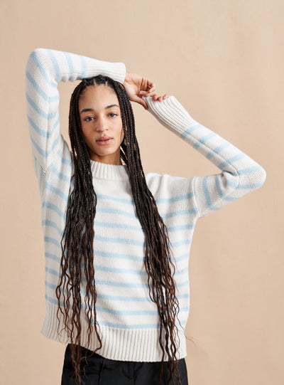 Get on board with our cream and pale blue striped, 7-ply wool-cashmere sweater. Comfort and style, not mutually exclusive.