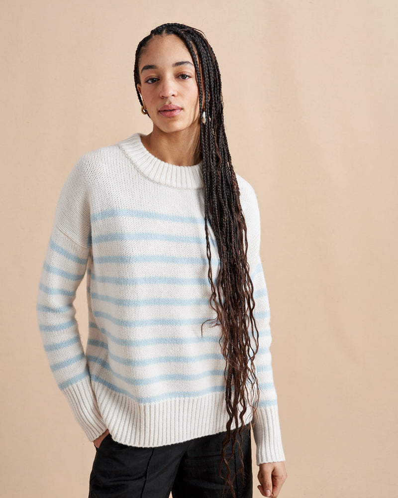 Get on board with our cream and pale blue striped, 7-ply wool-cashmere sweater. Comfort and style, not mutually exclusive.