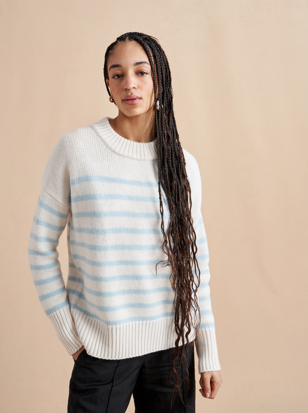 Get on board with our cream and pale blue striped, 7-ply wool-cashmere sweater. Comfort and style, not mutually exclusive.